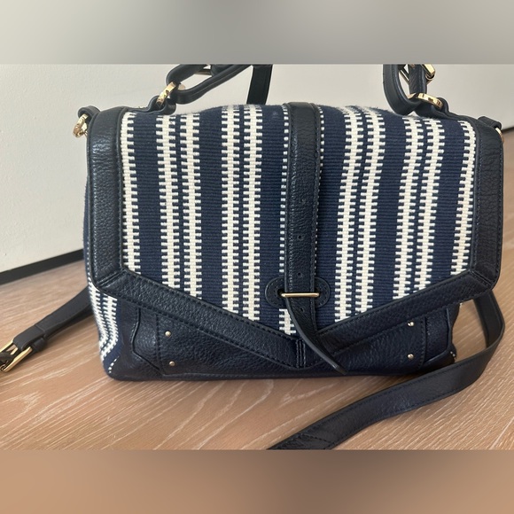 TORY BURCH Medium 797 Satchel | Navy Blue & Cream Woven Satchel - Picture 10 of 12